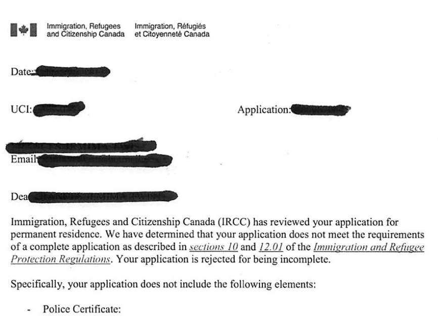 Redacted IRCC rejection letter Express Entry